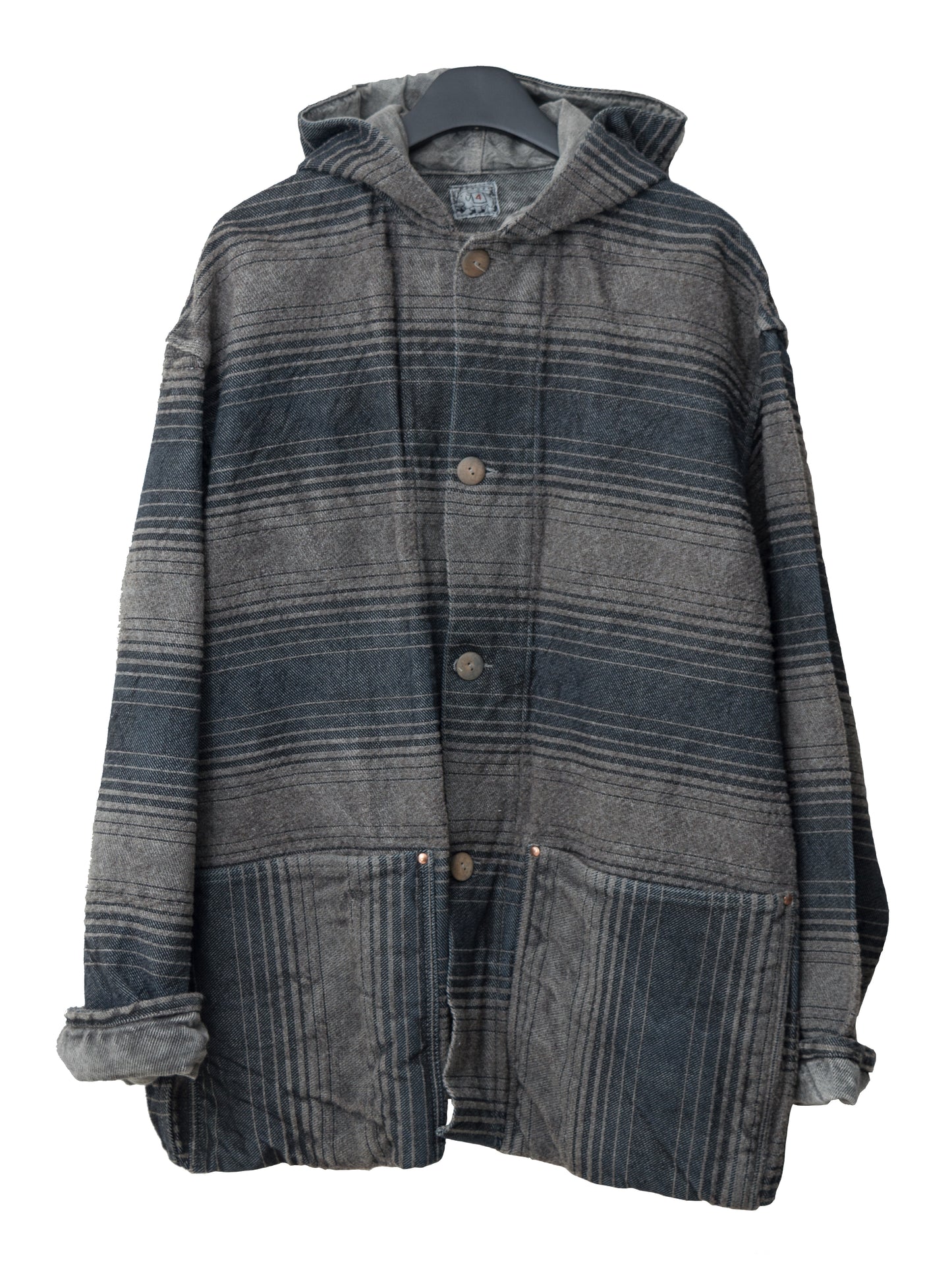 a/w 18 type 936 hooded shepherd's coat indian black dyed ∙ ryeland wool cotton doppler striped 19oz cross weave denim ∙ size 4